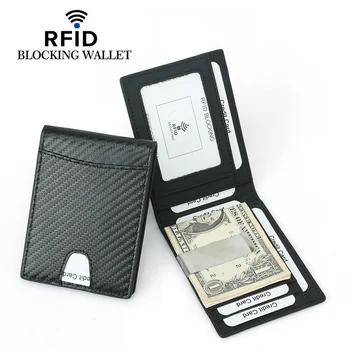 Novo RFID Bloqueio Fino de Fibra de Carbono Carteira de Couro Com Um Clipe Homens IDENTIFICAÇÃO do Titular do Cartão de Bolso da Frente Bifold Masculino Grampo de Metal Para o Dinheiro