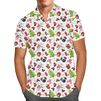 Mickey Natal Camisa Havaiana Homens Mulheres Manga Curta com Botão de Camisa Disney de Natal Camisa Havaiana de Praia Casual Camisa Crianças