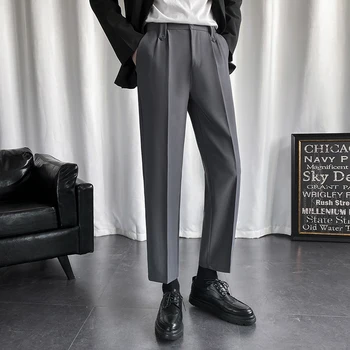 Verão Fina Homens coreano Moda Casual Calças Retas Slim Confortável Cinza Juventude Vestuário Masculino Calças