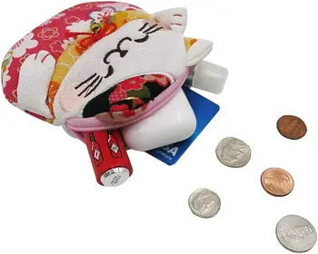 Carteira para Mulheres Kawaii Zíper Estilo Japonês Lucky Cat - Fortuna, Gato, Bolsa da Moeda do Mini Bolsa Titular Caso de Cartões de Crédito, Maquiagem