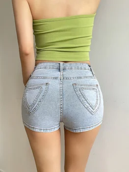 Picante WOMENGAGA Verão Meninas Novas Slim Fit Super Shorts Mostrar as Pernas Longo Elástico Apertado Envoltório Hip Coração Bolso Jeans Hot Pants Q23P