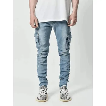 Casual Multi-bolso de calça Jeans Ajuste Frouxo de Jeans, Calças compridas Homens de Moda Jeans calça Jeans Reta