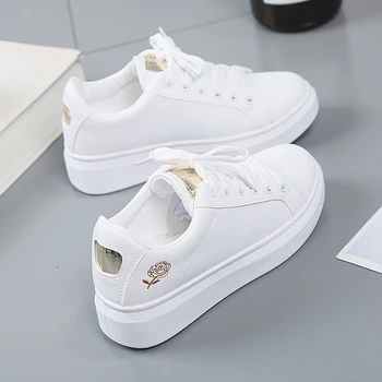 2023 Mulheres Brancas Casuais Sapatos De Moda De Nova Bordado Branco Respirável Flower Lace-Up Tênis Sapatos De Plataforma Sapatos De Vulcanizar