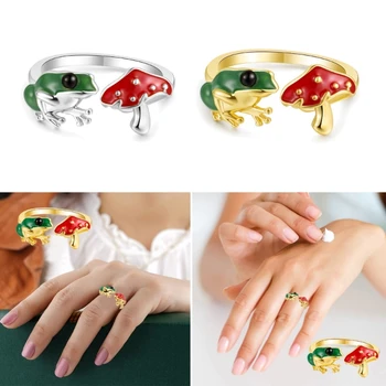 Cogumelo Anel de Sapo Verde-Cogumelo Vermelho Aberto Anéis Vintage Animal Bonito Anéis Ajustáveis Jóia Personalizada de Presente Para as mulheres