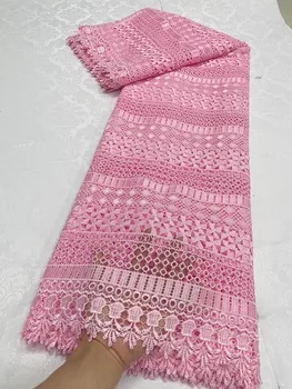 Mais recente Guipure Cabo Africano Tecido de Renda 2023 Alta Qualidade Nigéria Leite de Seda cor-de-Rosa de Paetês com Laço Costurar para o francês Vestido de Festa