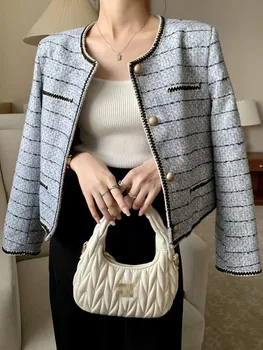 Alta Qualidade Francesa Vintage Pequeno Fragrância Casaco De Tweed Para As Mulheres De Outono Inverno Faixa De Lã Casaco De Agasalho De Vestuário Feminino