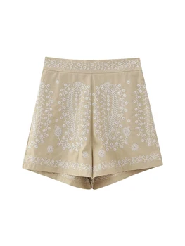 YENKYE 2023 Mulheres do Vintage Cintura Alta Zíper Lateral Bordado Shorts de Verão de Calças Curtas