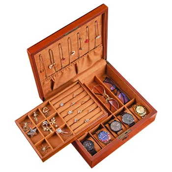 5 Slots de Assistir Caixas Organizador de luxo em madeira com Fechadura de Exibição do Relógio Caso 2 Camadas de Exibição do Relógio Caso de Relógios, Óculos de sol Anéis