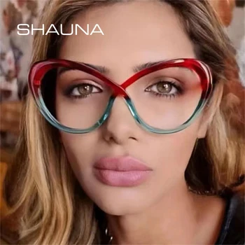 SHAUNA Moda de Olhos de Gato de Cor Dupla das Mulheres de Óculos de Armação Retrô Clara Anti-Óptico Leve Azul Óculos de Armação