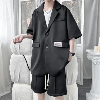 Verão do sexo Masculino Casual Terno Jaquetas Blazer Conjunto de Streetwear Elegante coreano 2 Peças, Conjuntos com Shorts 2023 Casaco &