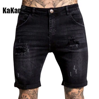 Kakan - Nova Europeu e Americano Trecho Perfurado Jeans para os Homens, Azul Preto Perfurado Shorts K8-3183