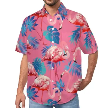 Flamingo Camisa Solta Masculino Férias Em Palma De Folha De Árvore Casual Camisas Havaianas Design De Manga Curta Elegante Oversize Blusas
