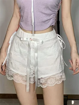 2023 Y2K Branco Lace Floral Shorts de Babados de Baixo de Cintura Magro Fairycore Calças para Mulheres de Verão Bonito Homewear Roupa Branca e Doce Shorts