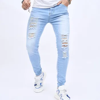 Nova Primavera Homens Streetwear Rasgado Hip Hop Skinny Jeans Lápis Calças Masculina Elegante Furos De Calças Jeans Stretch