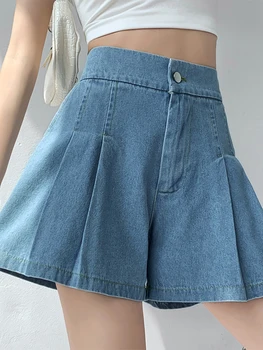 M-5XL 2023 Moda Verão coreano de Perna Larga Azul Shorts Jeans de Moda feminina Cintura Alta Sólido Calças Curtas de Mulheres Bolso