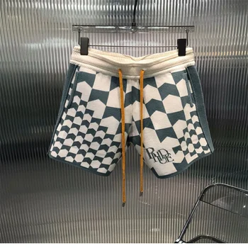 A nova safra de Alta Qualidade RHUDE Shorts Vintage Marlboro Xadrez Jacquard Cordão de Lã Shorts Ocasionais para Homens e Mulheres