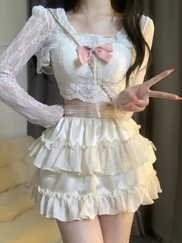 2023 Verão Kawaii Roupas Lolita 3 Peças Conjunto De Vestido Das Mulheres Causual Y2k Crop Tops Blusa + Espartilho Colete + Mini Saias Da Moda Terno