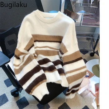 Bugilaku Contraste malha listrada de camisola no outono e inverno, solto e preguiçoso, para homens e mulheres, vestindo um pulôver para casais