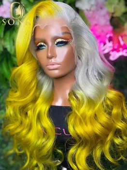 Platinum Ash Loiro Amarelo 2 Tons Coloridos 60# Lace Front Wig Pré Arrancado 13X6 HD Transparente e Laço Frontal Perucas de Cabelo Humano da Peruca