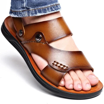 Homens Sandálias de Verão, o Novo Homem da Moda, apresentação de Chinelos Exterior de Couro Genuíno antiderrapante Sapatos de Praia Slip-On Sandálias de Viagem Chinelos de quarto