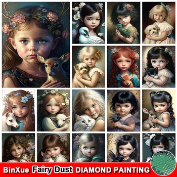BinXue 5D DIY da Menina dos desenhos animados de Fadas Pó de Diamante Flor Flor Flor o Veado Cruz Bordado Artesanal Diamond Mosaico de Arte Presente
