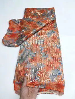 3D Flor de Moda francesa, Tule Tecido do Laço De 5 Jardas de Alta Qualidade que as Mulheres Nigerianas Vestido de Festa Sequins Bordado Africana Tecido de Renda