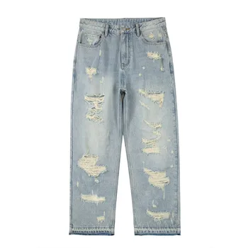 Buraco Jeans Homem Solta Branqueada Angustiado Reta Lavado Comprimento Total Casual E Versátil De Perna Larga Calças Quatro Estações