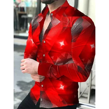 2023 dos homens de moda de baile Vermelho estrelado designer de luxo cardigan social dos homens botão de lapela-camisa casual primavera, outono