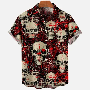 Horror Gráfico de Crânio Shirts para os Homens de Roupas Impressos em 3D Praia Havaiana Camisas de Manga Curta y2k Tops Roupas Vintage Lapela Blusa