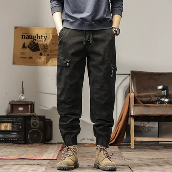 Homens do Algodão Solto Esporte Casual Calças de Moda Multi-Bolso Simples Ligação Pés zíper Hip Pop Streetwear Calças Cargo Jogger Homens