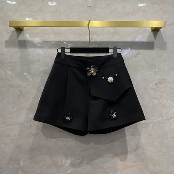 Nova cor Sólida artesanal camellia decorativos shorts, feminino cintura alta A linha de perna larga Shorts