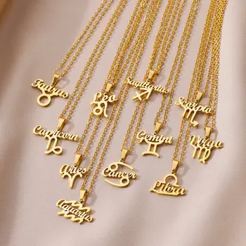 De Aço Inoxidável 12 Constelação De Colares Para As Mulheres Signo Colar Pingente Banhado A Ouro Par Vintage Cadeia De Jóias De Presente