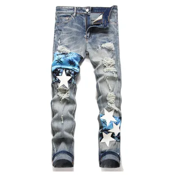 Estilo Punk Rasgado Estrela Impressa Calças Jeans Homens Hip Hop Azul Streetwear Calça De Algodão Para O Sexo Masculino Slim Fit