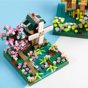 Quatro Temporada Micro Tijolos Street View Sakura Moinho de vento Blocos de Construção Pescador casa de Árvore de Reunir Tijolos de Brinquedos Para as Crianças Menino