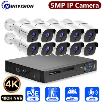 10CH 4K NVR 5MP 25fps Câmera IP POE do Sistema de Kits de 8Ch de Segurança do CCTV do H. 265 NVR de Áudio, gravação de Vídeo de Câmeras de Vigilância NiNiVISION