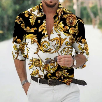 2023 Havaiano Barroco Shirts Para os Homens 3d Barroco Camisa de Manga Longa Praia de V-pescoço de grandes dimensões Tops, T-Shirt Homme, Roupas de Verão