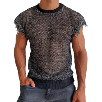 Os homens da Malha Malha T-Shirt Tanque de Moda Oco Borlas de Streetwear T-shirts 2023 Verão Vintage O Pescoço Colete Para Homens Camisole Roupas