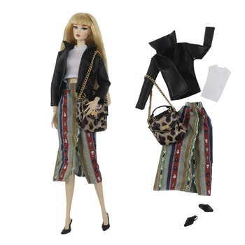 NK Oficial 1 Conjunto de boneca Bonito compras de moda conjunto de vestido: preto couro de unhas+top+saia+estampa de leopardo bag+tênis Para Boneca Barbie BRINQUEDO