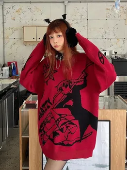  Lolita Streetwear grunge Harajuku coreano suéter Listrado Camisola do Pulôver Gótica Sexy Oco de Malha Solta Camisola Escura Goth