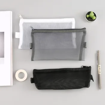 1pcs simples de cor sólida malha de nylon saco de papel multifunções transparente zíper do saco de malha de fios de caneta de malha com zíper caneta caixa