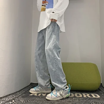 High Street Marca de Moda Jacquard calças de Brim dos Homens Americana de Rua Hip Hop Moda Tubo em linha Reta Solta de Estudantes de Perna Larga Casual Calças