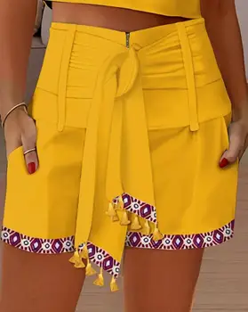 Mulheres Shorts Ocasionais de Moda Pendulares Cintura Alta Tribal de Impressão com cinto de Design de Bolso Shorts 2023 Verão Novo Office Vestuário Y2K