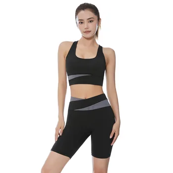 Correspondência de cores de cintura alta nádega crop top roupas de yoga conjunto de shorts à prova de choque coleta conjunto de yoga