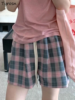 Shorts Mulheres Reta de Moda, Estudantes de Design Simples Xadrez de Todos-jogo de Cintura Elástica de Verão Vintage de Lazer Estilo coreano Desportivo
