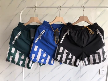 Novo
 Colcha De Retalhos Rhude Shorts Homens, Mulheres, Verde, Azul, Preto Cordão De Malha Calças Com Marcas De Hip Hop