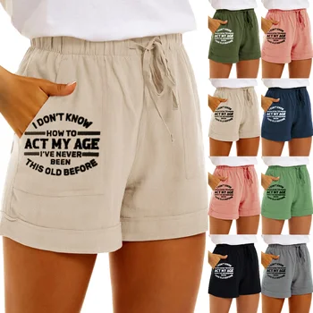 Shorts Ocasionais de Mulheres a Impressão de Algodão Cintura Alta Casual Bolso de Calças Soltas de Perna Reta Esportes, Moda Calças