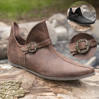 Renascimento Medieval Homens Viking Cavaleiro Príncipe Sapatos Vintage Marrom, Botas de Couro de Curto Sapatos Cosplay Traje Acessórios