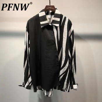 PFNW Primavera, Outono Original Darkwear Camisa dos Homens Novos Personalizado Irregular Faixa Emendados Harajuku Largas Roupas Casuais 28A3348