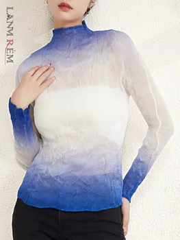 LANMREM Plissado Gradiente T-Shirt Para as Mulheres Gola Mangas compridas Fino Transparente Tops de Vestuário Feminino 2023 Verão Novo 2YA1622