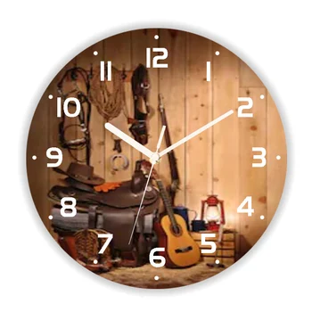 Rústico Western Cowboy Relógio de Parede para a Fazenda Velha Americana de Música Country Redonda Grande Relógio de Parede Sala Cozinha, Decoração da Casa